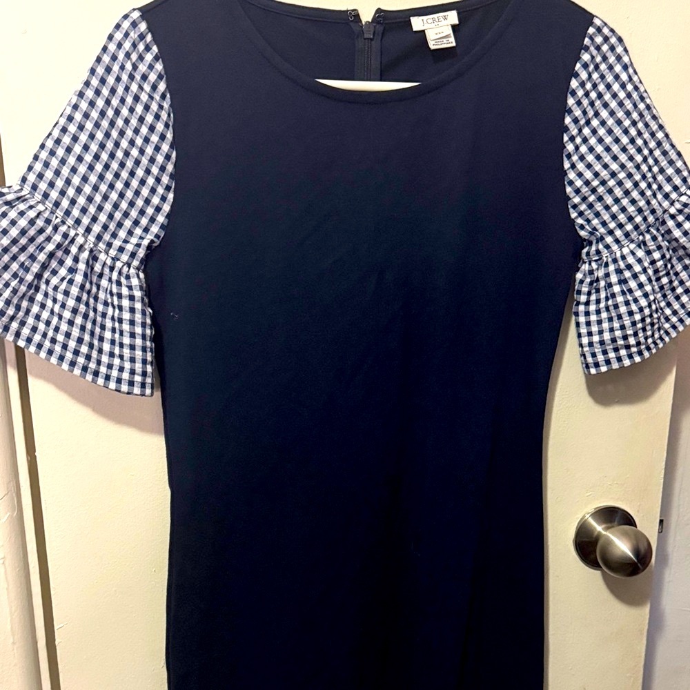 J. Crew Navy Dress with Gingham Ruffle Sleeves - Picture 7 of 7